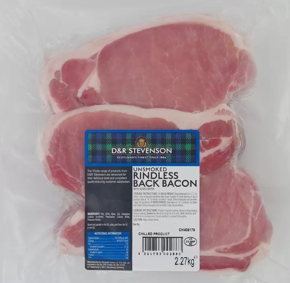 D&R Stevenson Unsmoked Catering Bacon, 2.27kg